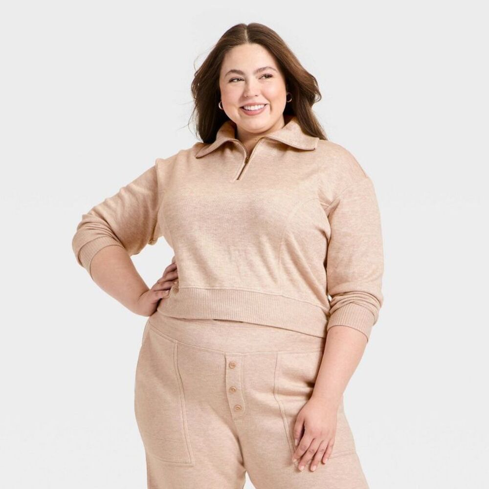 Women's Quarter Zip Pullover Sweatshirt - Universal Thread Heather Oatmeal XXL